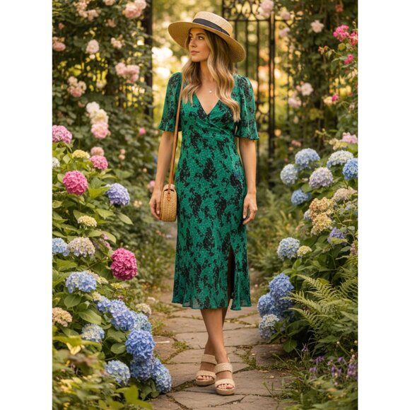 Caroll Paris Green Crinkle Floral Midi Dress Size 38 (US 6) Viscose Lined - Picture 3 of 12